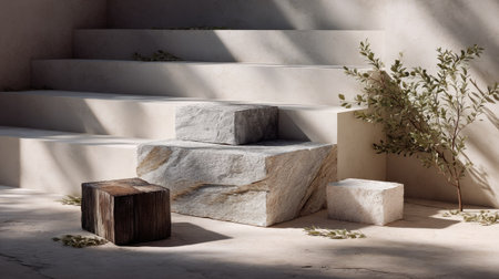 Rustic stone platform split into geometric blocks for bold and clean product placementの素材