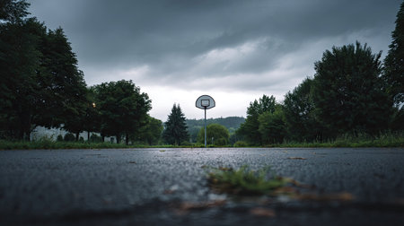 Rear view of a solitary hoop standing on an abandoned outdoor court, moody toneの素材