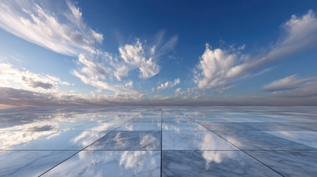 Reflective marble tiles stretching under an open sky with scattered cloud formationsの素材