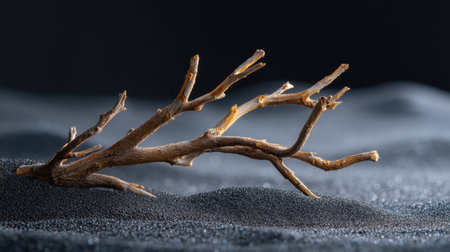 Rough dry tree branch styled horizontally on soft black sand background with soft ambient lightの素材