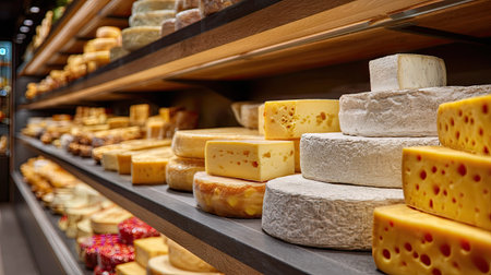 Shelves filled with an assortment of cheeses in a cheese shop, with different varieties neatly organized, ready for customers to choose fromの素材