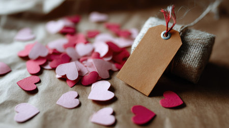 Romantic flat lay with gift tag, ribbon, and scattered pink paper hearts on a background of recycled brown paperの素材