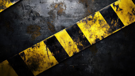 Background of reflective yellow and black hazard tape illuminated by harsh industrial lighting, with a gritty metal textureの素材
