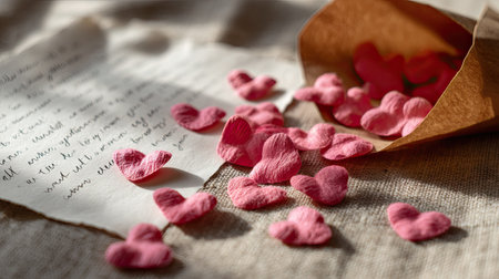 Romantic setup with a love note partially revealed beneath scattered pink hearts on a vintage-style paper backgroundの素材