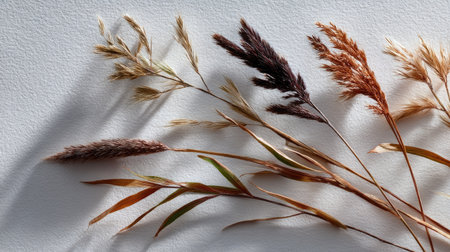 Several blades of ornamental grass displayed in random orientation on a white surfaceの素材