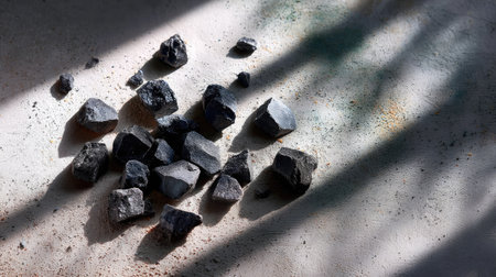 Scattered crushed black rocks on concrete surface, overhead view with natural lightingの素材