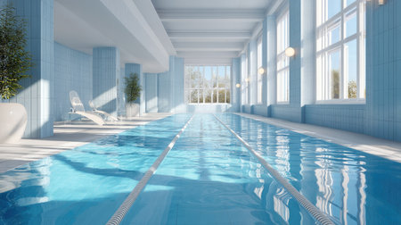 Serene, inviting indoor swimming pool with bright blue water and a clean, modern aesthetic, with no swimmers in sightの素材
