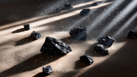 Scattered bits of black volcanic rock across sand-toned surface with high contrast lightingの素材
