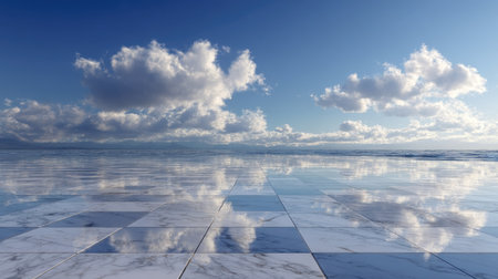 Reflective marble tiles stretching under an open sky with scattered cloud formationsの素材