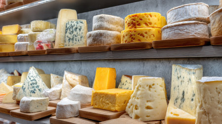 Shelves filled with a variety of cheeses, including soft, hard, and blue cheeses, neatly arranged in a market for cheese loversの素材