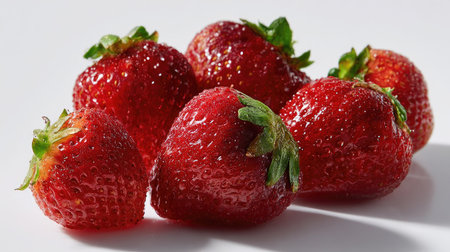 Several freshly washed strawberries placed next to each other on a stark white background, emphasizing freshnessの素材