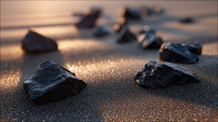 Scattered bits of black volcanic rock across sand-toned surface with high contrast lightingの素材