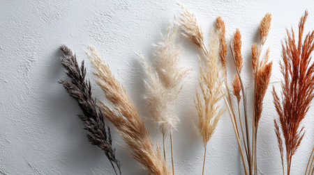 Several blades of ornamental grass displayed in random orientation on a white surfaceの素材