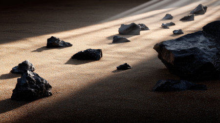 Scattered bits of black volcanic rock across sand-toned surface with high contrast lightingの素材