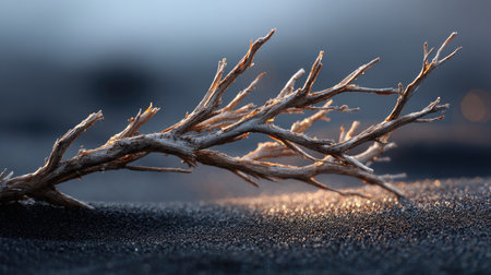 Rough dry tree branch styled horizontally on soft black sand background with soft ambient lightの素材
