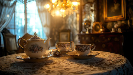 Classic tea set on a lace-covered table glowing warmly under a vintage chandelier in a Victorian-style roomの素材