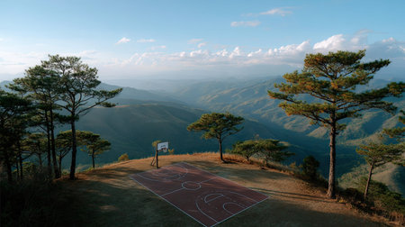 Scenic view of a mountaintop basketball court with no players, surrounded by trees and skyの素材