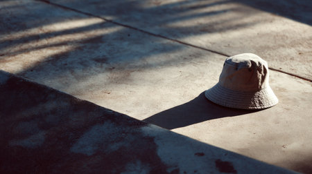 Shadow of a bucket hat on a sunny day, cast on sand or pavementの素材