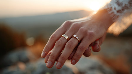 Romantic hand-holding with wedding rings visible, captured in warm golden hour lightの素材
