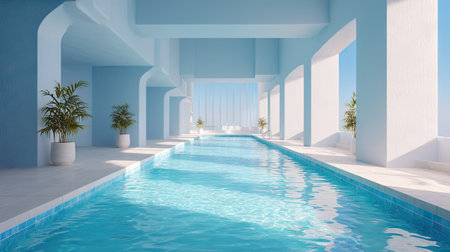 Serene, inviting indoor swimming pool with bright blue water and a clean, modern aesthetic, with no swimmers in sightの素材