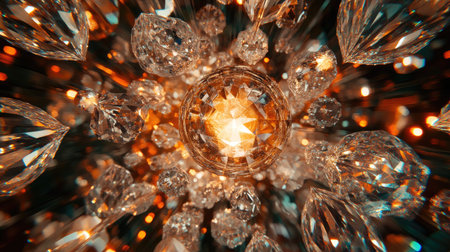 Artistic overhead shot of clear glass beads on a mirrored surface, creating intricate reflections and light distortionsの素材