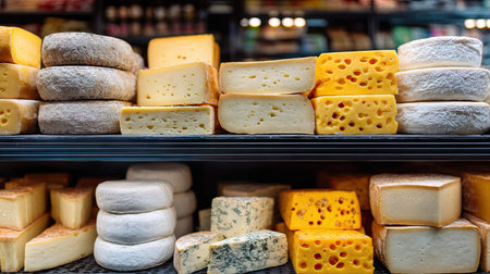 Shelves filled with a variety of cheeses, including soft, hard, and blue cheeses, neatly arranged in a market for cheese loversの素材