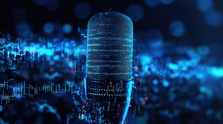 Audio waveform emerging from a microphone graphic, blending sound and technology concepts in a modern designの素材