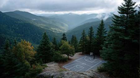 Scenic view of a mountaintop basketball court with no players, surrounded by trees and skyの素材