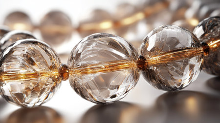 Artistic side lighting on transparent beads with strong reflections, creating a high-contrast luxury feelの素材
