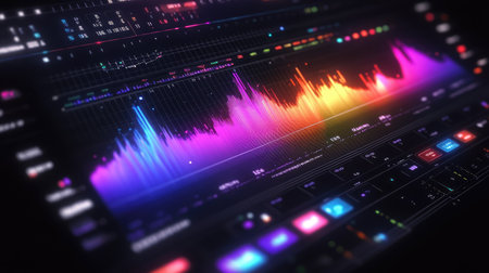 Audio waveform displayed in rainbow colors across a sleek modern interface, with tech-inspired visual effectsの素材