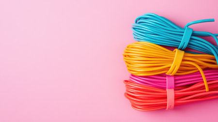 Bundle of cables secured with brightly colored zip ties, resting on a minimalist pastel background for contrastの素材