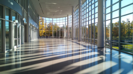 Architectural floor scene with clean lines and angled shadows cast by afternoon sunlight through modern glass wallsの素材