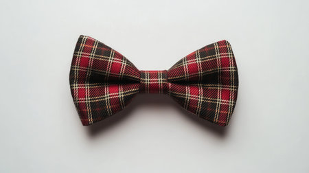 Bow tie with a tartan pattern isolated on a white surface, combining tradition and elegance in a flat lay compositionの素材