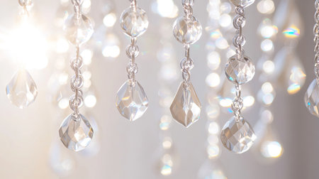 Clear glass bead strands hanging and twinkling in bright daylight, casting prismatic reflections across a soft white backgroundの素材