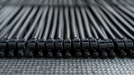 Black nylon cable ties arranged in parallel rows on a gray industrial surface, emphasizing symmetry and utilityの素材