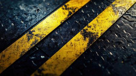 Background of reflective yellow and black hazard tape illuminated by harsh industrial lighting, with a gritty metal textureの素材