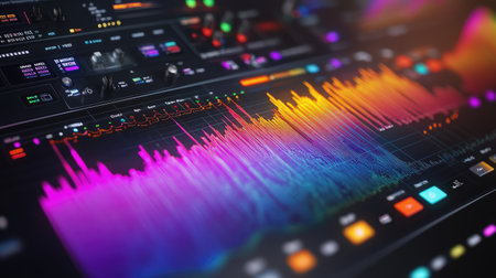 Audio waveform displayed in rainbow colors across a sleek modern interface, with tech-inspired visual effectsの素材