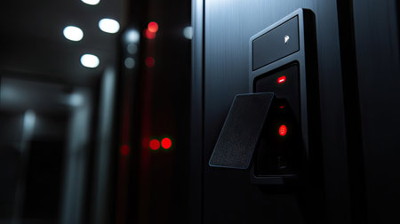 A black electronic hotel door lock with blinking lights as a card is held up to it, representing modern hospitality techの素材