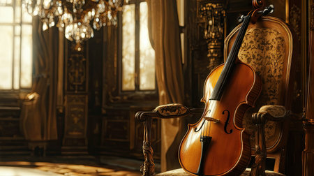 A violin resting on a chair beneath a chandelier, with rich lighting emphasizing its wood grain and classical ambianceの素材