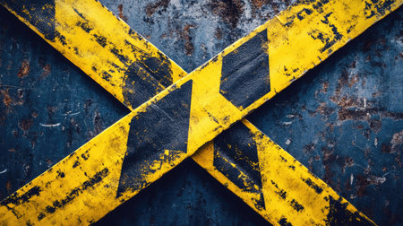 Bright yellow and black caution tape arranged in an X shape over a metal surface, giving a bold, industrial safety warningの素材