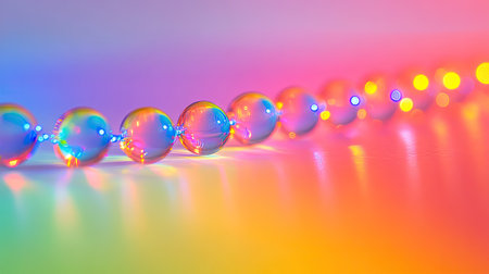 Beads glowing with refracted rainbow light, arranged in a soft arc pattern on a subtle gradient backgroundの素材
