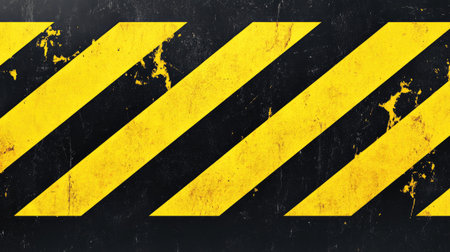 Bold striped pattern of black and yellow tape repeated seamlessly on a flat surface, ideal for industrial warning backgroundsの素材