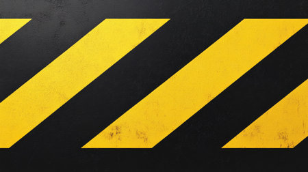 Bold striped pattern of black and yellow tape repeated seamlessly on a flat surface, ideal for industrial warning backgroundsの素材