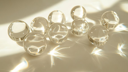 Clear glass beads illuminated by warm sunlight, casting crisp reflections and shadows on a white surface for a minimal abstract effectの素材
