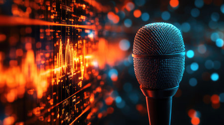 Audio waveform emerging from a microphone graphic, blending sound and technology concepts in a modern designの素材