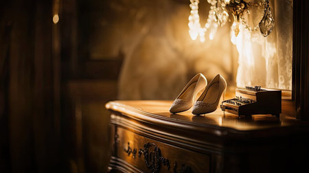 Ballet shoes and a music box resting on a dresser, gently lit by the glow of a chandelier aboveの素材