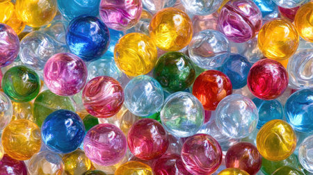Background of clear glass marbles on a glass surface, reflecting colorful neon lights in an abstract patternの素材