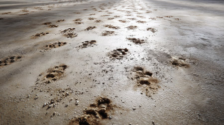 Randomly spaced muddy footprints across a light floor, each with visible detail in the treadの素材