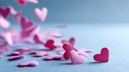 Pink hearts arranged like falling confetti across a soft pastel blue paper background, playful and charmingの素材