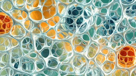 An artistic microscopic view of nanotechnology, featuring interconnected molecular networks.の素材